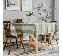 Hoisy Green Polyester Rectangle Tablecloth 55 W x 98 L, Stripes with Tassels Elegant Table Cloth for Outdoor