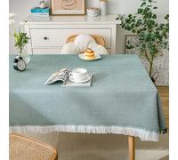 Hoisy Green White Cotton Rectangle Tablecloth 51 W x 70 L, Solid Color with Tassels Dining Table Cover Elegant