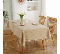 Hoisy Khaki Polyester Rectangle Tablecloth 47 W x 62 L, Stripes with Tassels Tableclothes Elegant for Holiday