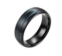 Hoisy Men's Tungsten Ring with Engraving, 8MM Brushed Round with Grooved Wedding Band Black Blue for Men, Size O 1/2