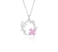 Hoisy Necklace Pendant for Women 950 Platinum, Flower Leaf and Butterfly with Created Pink Sapphire and Moissanite, Necklace Women Silver Pink