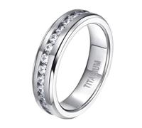 Hoisy Personalize Engrave Couples Titanium Steel Ring, 7MM Round with Cubic Zirconia Eternity Wedding Bands for Men Silver, Size L 1/2