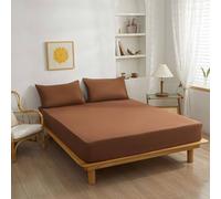 Hoisy Queen Size Polyester Cotton Fitted Sheets with Elastic, Solid Color, 59 x 78 x 10 IN, Coffee