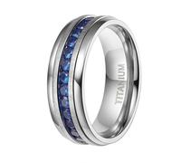 Hoisy Unisex Titanium Steel Wedding Ring Engraved Name, 7MM Round with Cubic Zirconia Silver Blue Engagement Band Men, Size X 1/2