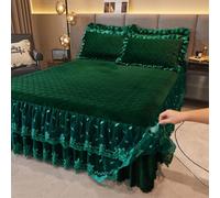 Hoisy Velvet Fitted Sheets Queen with Elastic, Solid Color with Embroidered Lace Pattern, 59 x 78 IN, Dark Green