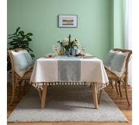 Hoisy White Polyester Cotton Rectangular Table Cover 55 W x 62 L, Splicing Wavy Stripes with Tassels Large Tablecloth Soft for Outdoor