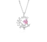 Hoisy Women's 14K White Gold Necklace Pendant, Leaf and Heart with Created Pink Sapphire and Moissanite, Silver Pink Necklace for Women Chain