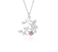 Hoisy Women's 9 Karat White Gold Pendant Necklace Chain, Leaf and Butterfly with Created Pink Sapphire and Moissanite, Silver Pink Necklace for Women