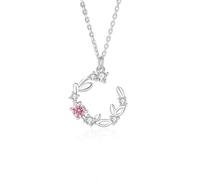 Hoisy Women's 9 Kt White Gold Necklace Chain Pendant, Leaf Wreath with Created Pink Sapphire and Moissanite, Silver Pink Chain Necklace for Women