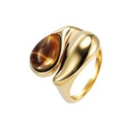 Hoisy Womens Stainless Steel Engagement Ring Engraved Name, Water Drop with Tiger Eye Wedding Bands Gold Brown for Women, Size P 1/2