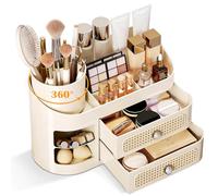 Hoiwio Makeup Organiser with 360° Rotating Removable Brush Holder - Dressing Table Organisation Cosmetic Storage Box with Drawer for Vanity, Bathroom, Countertop Beauty Organizer for Skincare Perfume