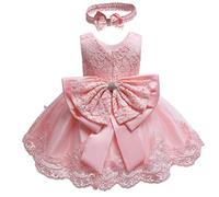 HOIZOSG Baby Christening Dress Lace Pageant Baptism Wedding Formal Bowknot Birthday Party Tutu Flower Girls Dress w/Headwear, Pink, 12-18M