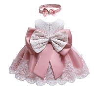 HOIZOSG Baby Christening Dress Lace Pageant Baptism Wedding Formal Bowknot Birthday Party Tutu Flower Girls Dress w/Headwear, Dusty Rose, 3-6M