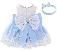 HOIZOSG Baby Christening Dress Lace Pageant Baptism Wedding Formal Bowknot Birthday Party Tutu Flower Girls Dress w/Headwear, Light Blue, 6-12M