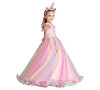 HOIZOSG Rainbow Tulle Dress Girls Unicorn Birthday Princess Party Prom Halloween Christmas Dance Ball Gown w/Headband, Multicoloured 001, 5-6T