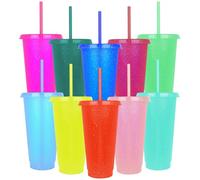Hojalis 10 Pcs Reusable Plastic Cups, 24oz Plastic Tumblers with Lid and Straw, Colorful Glitter Cold Cups, Iced Coffee Cup Party Tumbler, Travel Mugs for Cold Drink Kids Adults Party Beach((10 Color)