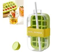Hojalis 2 in 1 Touch-Free 800ml Green Plastic Ice Cube Bottle with Lid and Bin, Ice Cube Making Bottle for Freezer, Travel, Gym, Home, Coffee, Juice, Beverages