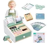 Hojalis Cash Register for Kids, Wooden Toy Till Cash Register with Scanner & Drawer, Pretend Play Shop Toys with Money/Coins/Credit Card/Shopping List, Role Play Toys for Girls Boys Brithday Gift
