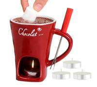 Hojalis Chocolate Fondue Mug Set with Fork & 3 Tealight Candles, 130ml Ceramic Chocolate Melting Cup, Personal Fondue Pot for Cheese, Candy, Snack, Ideal for Date Night Birthday Wedding Gifts (Red)