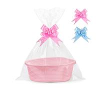 Hojalis Gift Basket, Woven Rope Basket with Cellophane Bags & Pull Bows, Woven Storage Baskets with Handles, Empty Hamper Baskets for Baby Shower, Wedding, Birthday, Easter, Christmas(Pink)