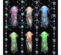 Hojalis Jellyfish Light, 6 Pcs Hanging Jellyfish Lanterns with 6 Double Swirl Streamers, 12 Adhesive Hooks and 2 Garland, Creative Jellyfish Decor for Ocean Theme Party Yard Landscape Garden
