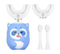 Hojalis Kids Electric Toothbrush U Shaped, 360° Ultrasonic Toothbrush with 2 U-Shaped Brush Heads & 2 Straight Brush Heads, 3 Modes & IPX7 Waterproof, Raccoon Toothbrushes for Kids Age 2-12 (Blue5)