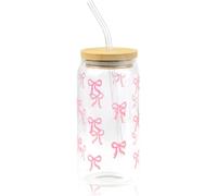 Hojalis Pink Bow Glass Cup Set, Bow Cups with Lid and Straw, 16oz Iced Coffee Cup, Aesthetic Gifts for Women Girls Friends, Glass Drinking Cup for Bubble Tea Coffee Cocktail