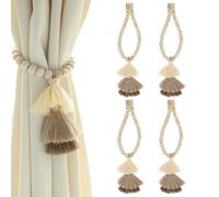 HOJLKLD Magnetic Wooden Bead Curtain Tiebacks, 4PCS Boho Tassel Curtain Tie Backs for Curtain Pull Backs, Handmade Drapery Tiebacks for Living Room Bedroom Window Treatment Wall Decoration (4, Beige)