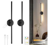 HOJOYRI Wireless Battery Operated Wall Sconces with Remote, Black Rechargeable Led Wall Lights Set of Two, Cordless Dimmable Battery Powered Wall Lamp Decor for Bedroom Living Room, 3 Color, 28 Inch