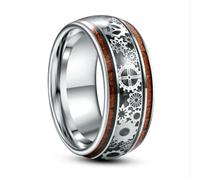 Hokech 10mm Tungsten Carbide Ring Steel Dome Inlaid Wood Grain Gear Pattern Men's Fashion Wedding Jewelry Best Gift