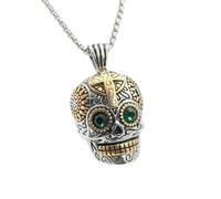 Hokech Vintage Black Carved Gabala Green Eye Skull Pendant Necklace Punk Stainless Steel Skull Cross Necklace For Men Jewelry Gift