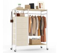 HOKEEPER All-in-One Rolling Coat Rack with 5 Drawers, Mobile Closet Organizer on Wheels, Clothes Rail & Open Shelves for Bedroom, Laundry Room - Beige