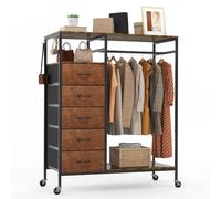HOKEEPER All-in-One Rolling Coat Rack with 5 Drawers, Mobile Closet Organizer on Wheels, Clothes Rail & Open Shelves for Bedroom, Laundry Room - Wood Grain