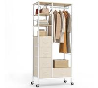 HOKEEPER All-in-One Rolling Coat Rack with 5 Drawers, Mobile Wardrobe with Clothes Rail & Open Shelves for Bedroom, Laundry Room - Beige