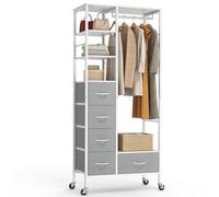 HOKEEPER All-in-One Rolling Coat Rack with 5 Drawers, Mobile Wardrobe with Clothes Rail & Open Shelves for Bedroom, Laundry Room - Grey