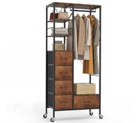 HOKEEPER All-in-One Rolling Coat Rack with 5 Drawers, Mobile Wardrobe with Clothes Rail & Open Shelves for Bedroom, Laundry Room - Wood Grain