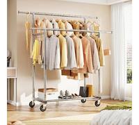 HOKEEPER Double Rod Clothes Rail, Heavy Duty 204kg (450lbs) Capacity with Wheels & Shelves, Portable Clothing Rack for Bedroom, Laundry Room, Coats & Garments, Silver