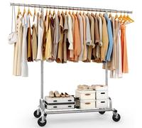 HOKEEPER Heavy Duty Clothes Rail 136kg (300lbs) Capacity, Extendable Hanging Rack with Lockable Wheels & Shelves, Space Saving for Bedroom, Small Apartment, Laundry Room, Silver