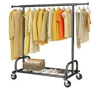 HOKEEPER Heavy Duty Clothes Rail 136kg (300lbs) Capacity, Extendable Hanging Rack with Lockable Wheels & Shelves, Space Saving for Bedroom, Small Apartment, Laundry Room, Black