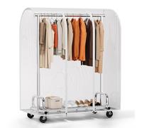 HOKEEPER Heavy Duty Clothes Rail with Dust Cover, Extendable Hanging Rack and Adjustable Height, with Lockable Wheels, Space Saving for Bedroom, Small Apartment, Laundry Room