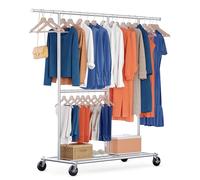 HOKEEPER Heavy Duty Double Clothes Rail with Wheels - 209kg (460lbs) Capacity, Adjustable Height & Extendable Rod, Mobile Wardrobe for Bedroom, Boutique, Silver