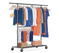 HOKEEPER Heavy Duty Double Clothes Rail with Wheels - 209kg (460lbs) Capacity, Adjustable Height & Extendable Rod, Mobile Wardrobe for Bedroom, Boutique, Black