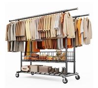 HOKEEPER Heavy Duty Double Rail Clothes Rack, 283kg(625lbs) Capacity with Mesh Storage Basket & Bottom Shelf, Extendable Length & Height for Bedroom, Boutique, Yard Sale - Black