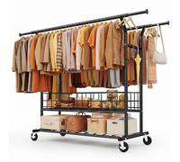 HOKEEPER Heavy Duty Double Rail Clothes Rack, 283kg(625lbs) Capacity with Mesh Storage Basket & Bottom Shelf, Extendable Length & Height for Bedroom, Boutique, Yard Sale - Black