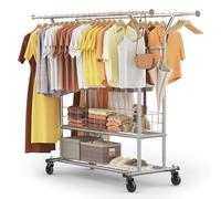 HOKEEPER Heavy Duty Double Rail Clothes Rack on Wheels, 283kg(625lbs) Capacity, with Mesh Storage Basket & Bottom Shelf, Extendable Length & Height for Bedroom, Boutique, Yard Sale