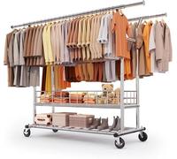 HOKEEPER Heavy Duty Double Rail Clothes Rack on Wheels, 283kg(625lbs) Capacity, with Mesh Storage Basket & Bottom Shelf, Extendable Length & Height for Bedroom, Boutique, Yard Sale