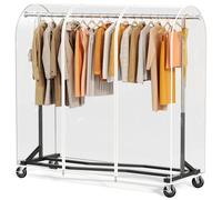 HOKEEPER Heavy Duty Rolling Clothes Rail with Dust Cover, 204kg Load Capacity Garment Rack with Wheels & Shelf for Bedroom, Laundry Room