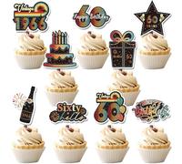 Hokinaa 60th Birthday Cupcake Toppers - 36 Pcs Vintage Retro Sunset Birthday Party Decorations Paper Cup Cake Picks, Happy Anniversary Cheers to 60 Year Old Back in 1966 Decor Supplies for Men Women