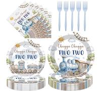 Hokinaa Chugga Chugga Two Two Party Decorations - 96 Pcs Watercolor Train 2nd Birthday Paper Plates Napkins Forks, Choo Choo I'm 2 Disposable Tableware, Happy 2 Year Old Birthday Party Decor Supplies