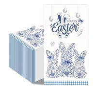 Hokinaa Easter Bunny Chinoiserie Napkins - 100 Pcs Blue White Happy Paper Dinner Disposable Party Decorations Sets Decorative Guest Cocktail Table Luncheon Beverage Supplies Decor Bulk 7.9 x 4.3 In